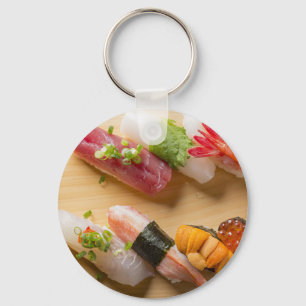 Sushi Art Keychain – Classic Nigiri on Wooden Boar