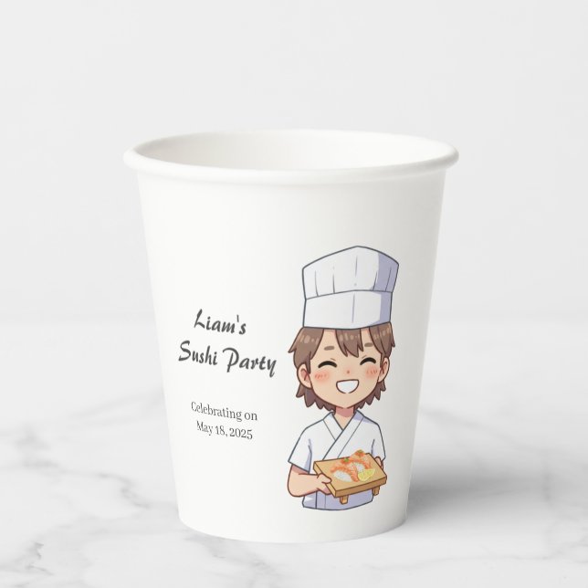 Sushi Birthday Party Invitation with Cute Anime  Paper Cups (Front)
