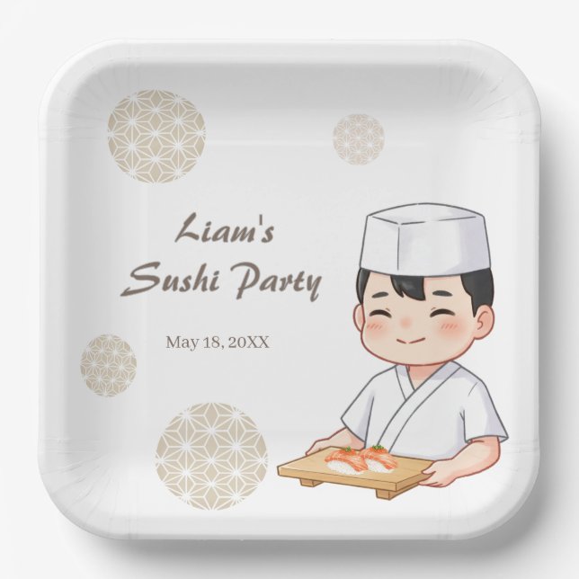 Sushi Birthday Party Invitation with Cute Anime  Paper Plate (Front)