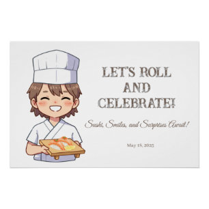 Sushi Birthday Party Invitation with Cute Anime  Poster