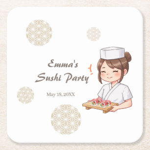 Sushi Birthday Party Invitation with Cute Anime  Square Paper Coaster