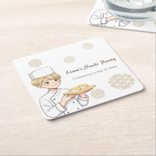 Sushi Birthday Party Invitation with Cute Anime Square Paper Coaster