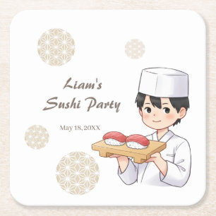 Sushi Birthday Party Invitation with Cute Anime Square Paper Coaster