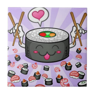 Sushi Cartoon Character Eating Lots of Shrimp Ceramic Tile