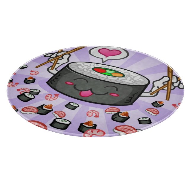 Sushi Cartoon Character Eating Lots of Shrimp Cutting Board (Corner)