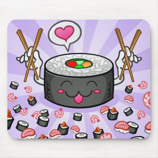 Sushi Cartoon Character Eating Lots of Shrimp Mouse Pad (Front)