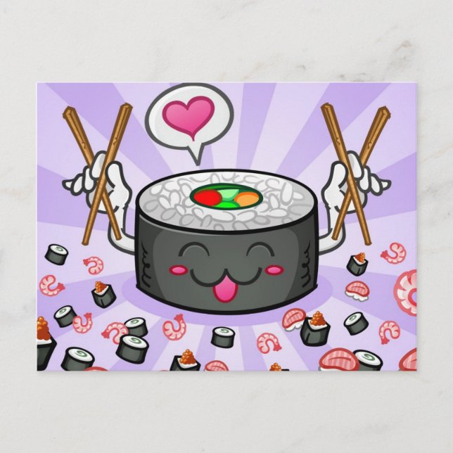 Sushi Cartoon Character Eating Lots of Shrimp Postcard (Front)