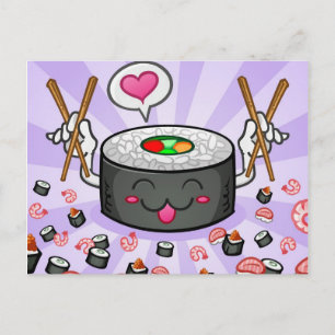 Sushi Cartoon Character Eating Lots of Shrimp Postcard