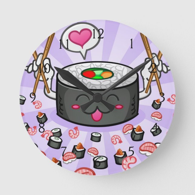 Sushi Cartoon Character Eating Lots of Shrimp Round Clock (Front)