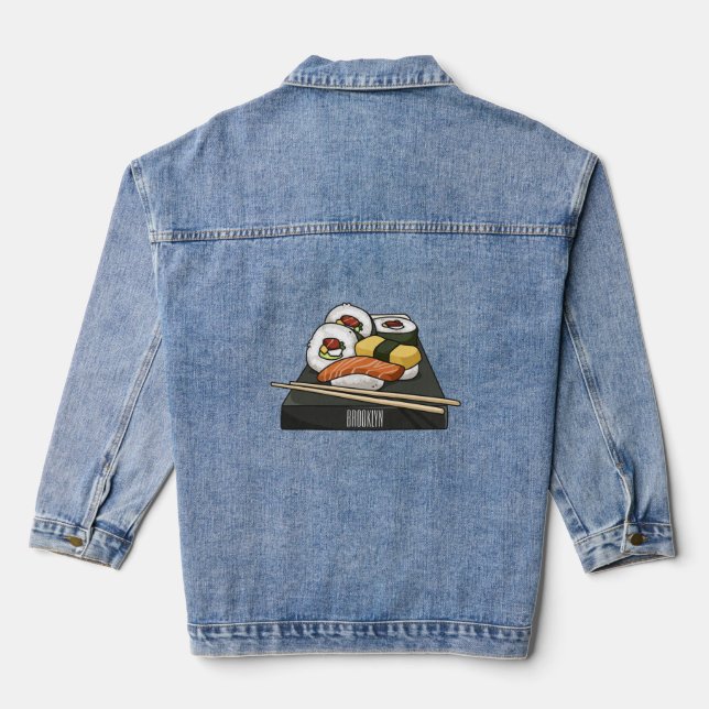 Sushi cartoon illustration  denim jacket (Back)