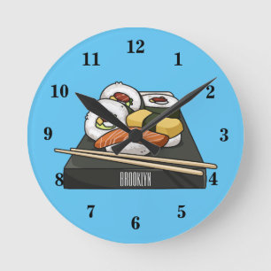 Sushi cartoon illustration round clock