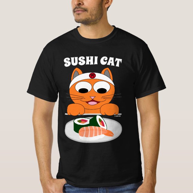 SUSHI CAT Cartoon Cat Humourous T-Shirt (Front)