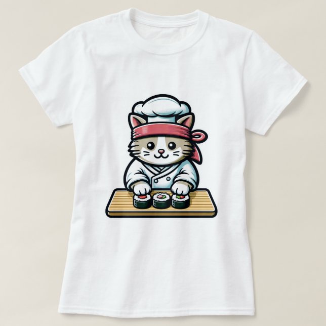 Sushi Cat - Cute & Funny Cat Making Sushi Art T-Shirt (Design Front)