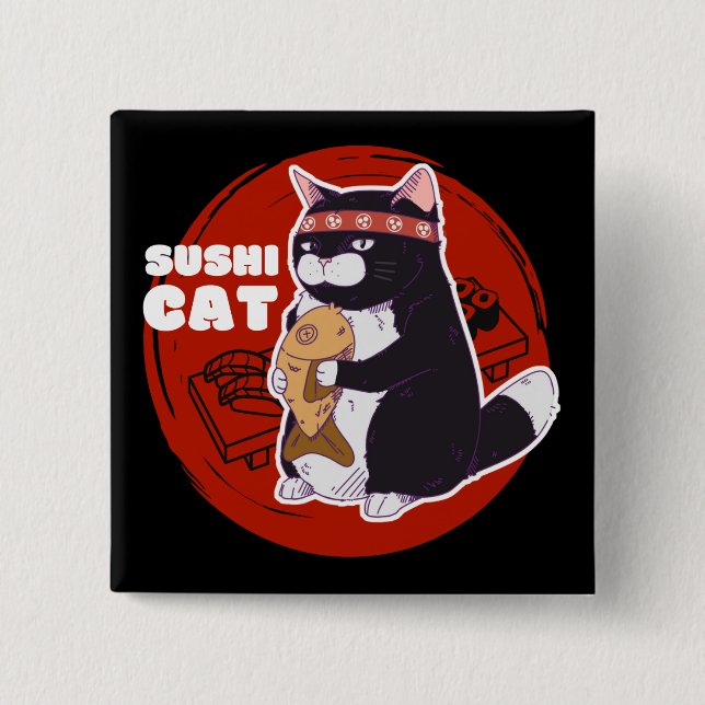 Sushi Cat, Samurai Cat Chonky Cat 15 Cm Square Badge (Front)