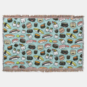 Sushi Characters Pattern Kawaii Sushi Characters Throw Blanket