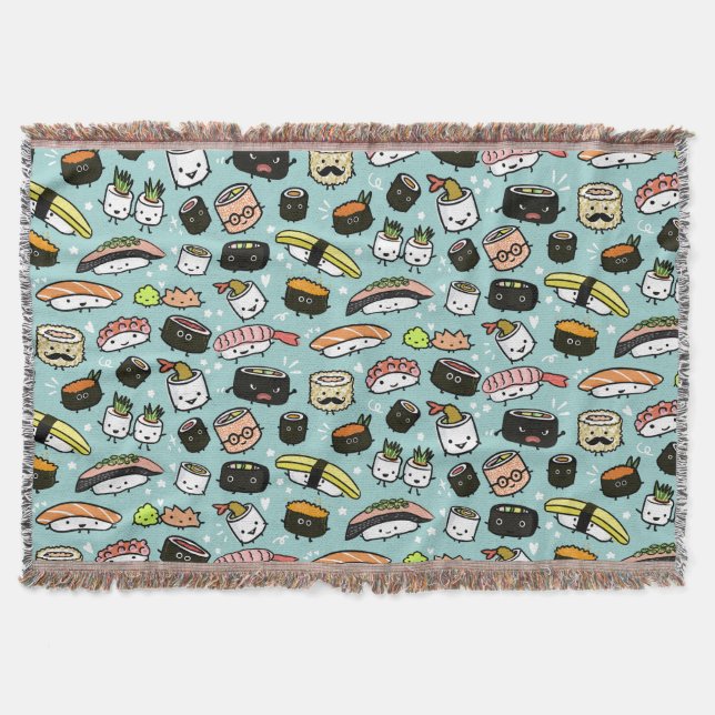 Sushi Characters Pattern Kawaii Sushi Characters Throw Blanket (Front)