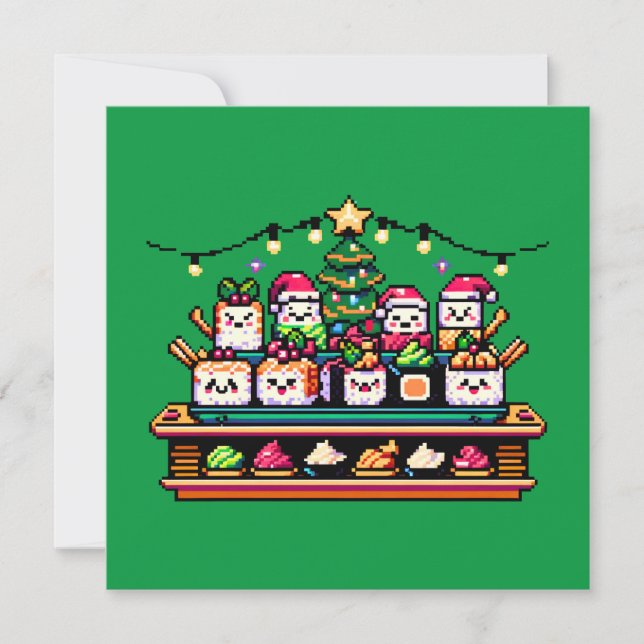 Sushi Christmas Celebration - Festive 8-Bit Design Invitation (Front)