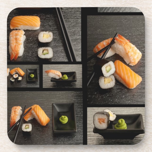 Sushi collection on black background coaster (Front)