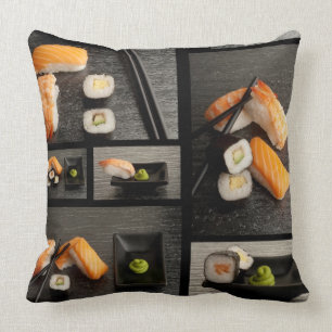 Sushi collection on black background cushion