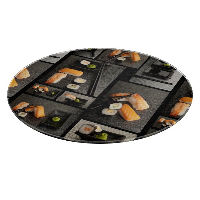 Sushi collection on black background cutting board (Corner)