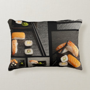 Sushi collection on black background decorative cushion