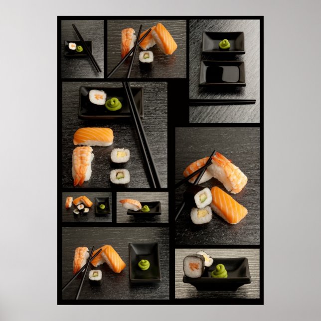 Sushi collection on black background poster (Front)