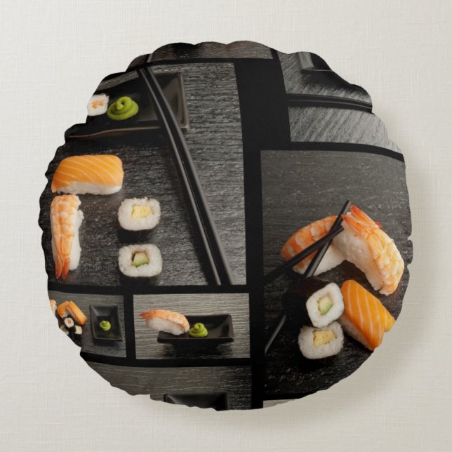 Sushi collection on black background round cushion (Front)