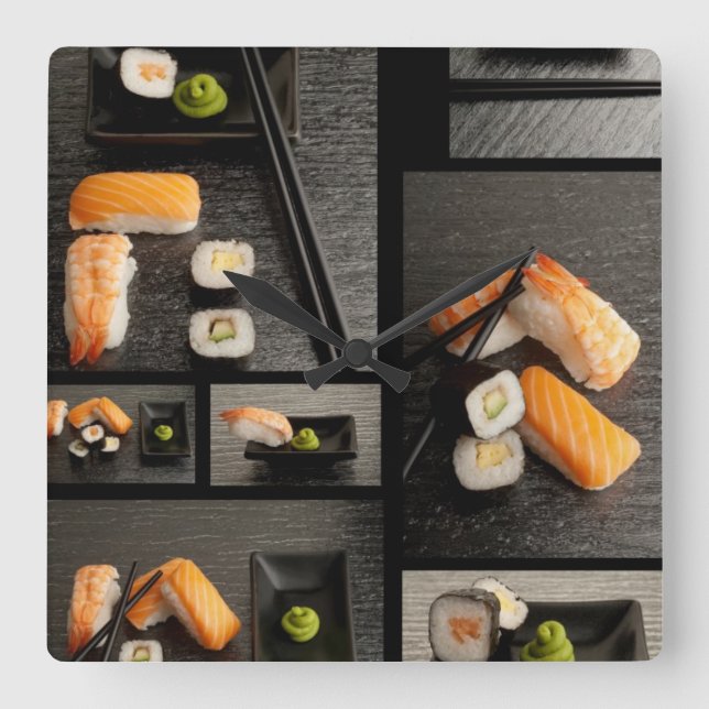 Sushi collection on black background square wall clock (Front)