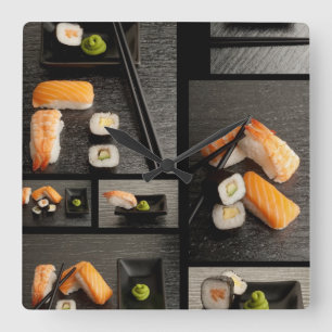 Sushi collection on black background square wall clock