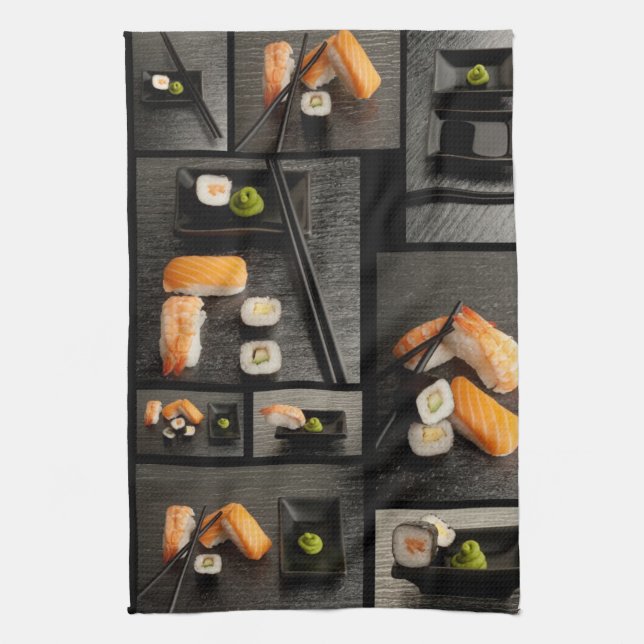 Sushi collection on black background tea towel (Vertical)