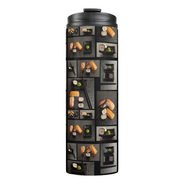Sushi collection on black background thermal tumbler (Front)