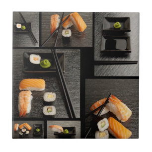Sushi collection on black background tile