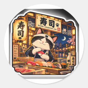 Sushi Counter Cat Sticker Japanese Sushi Bar Art