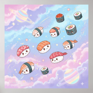 Sushi Flying in Pastel Galaxy Sky Poster