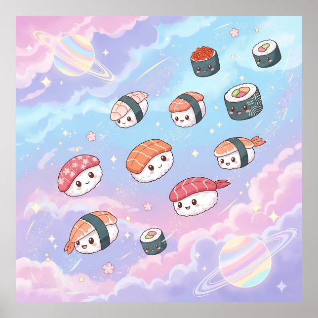 Sushi Flying in Pastel Galaxy Sky Poster (Front)