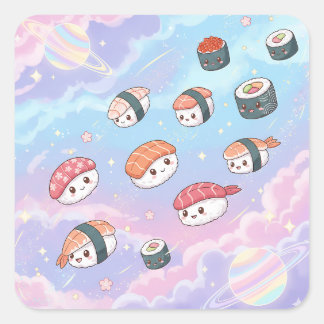 Sushi Flying in Pastel Galaxy Sky Square Sticker