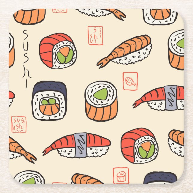 Sushi food, seamless pattern design. square paper coaster (Front)