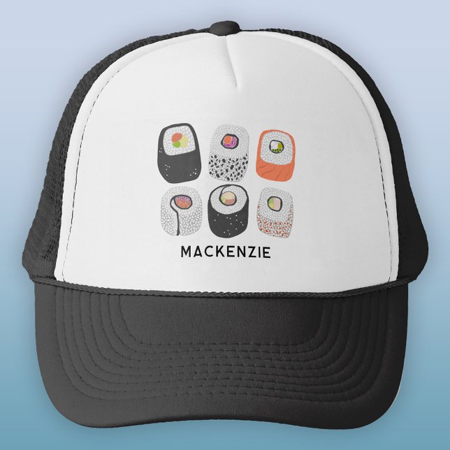 Sushi Fun Japanese Food Art Personalised Trucker Hat (Sushi Nigiri Maki roll Japanese food art personalized custom name trucker hat)