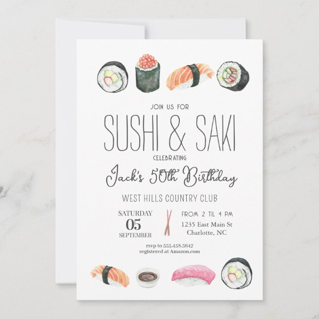 Sushi invitation, Sushi Birthday, Sushi & Saki Invitation (Front)