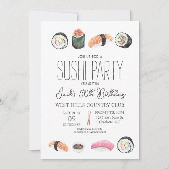 Sushi invitation, Sushi Birthday, Sushi & SaKi Invitation (Front)