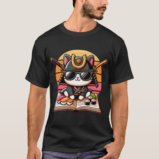 Sushi Master Cat with Shades and Book Lover Sunset T-Shirt (Front)