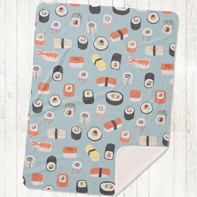 Sushi Nigiri Maki Roll Pattern Sherpa Blanket (Japanese sushi sherpa fleece blanket)