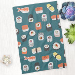 Sushi Nigiri Maki Roll Pattern Tea Towel<br><div class="desc">Japanese sushi food art pattern on a teal green background to perk up the kitchen. Original art by Nic Squirrell.</div>
