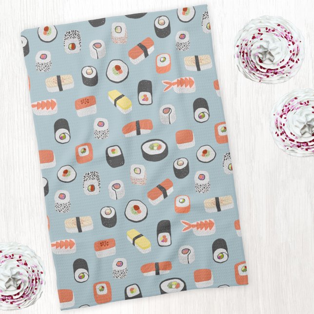 Sushi Nigiri Maki Roll Pattern Tea Towel (Japanese Sushi pattern kitchen tea towel)