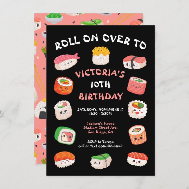 Sushi Party birthday Invitation (Front/Back)