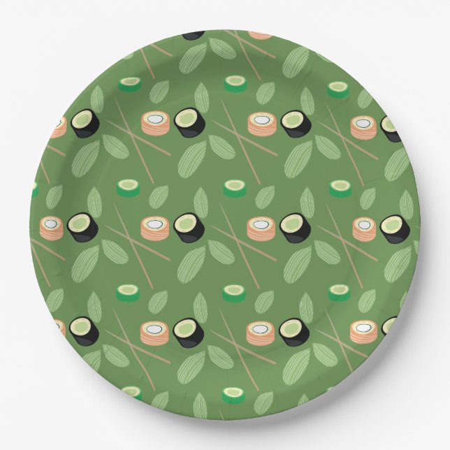 Sushi Party Hibachi Sushi Rolls and Chopsticks Paper Plate (Front)