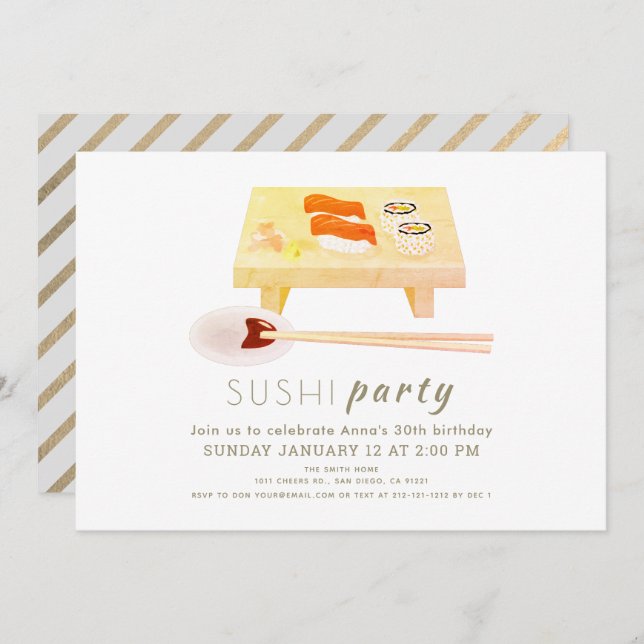 Sushi Party Modern White Birthday Invitation (Front/Back)