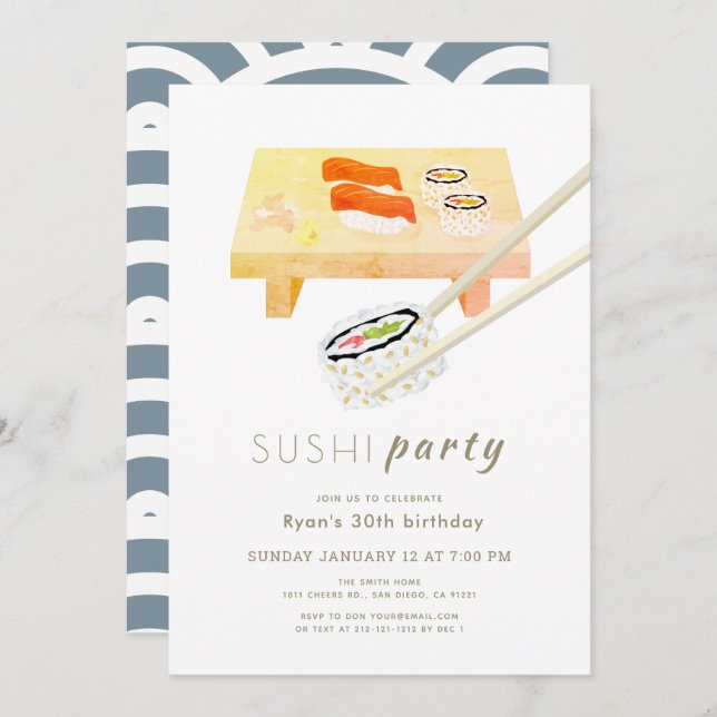 Sushi Party Modern White & Blue Birthday Invitation (Front/Back)