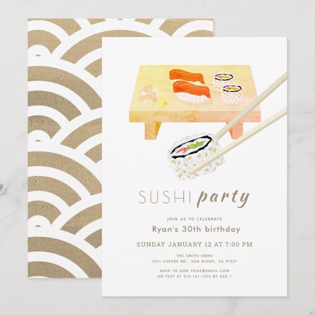 Sushi Party Modern White & Gold Birthday Invitation (Front/Back)