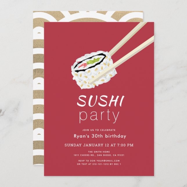 Sushi Party Simple Burgundy & Gold Birthday Invitation (Front/Back)